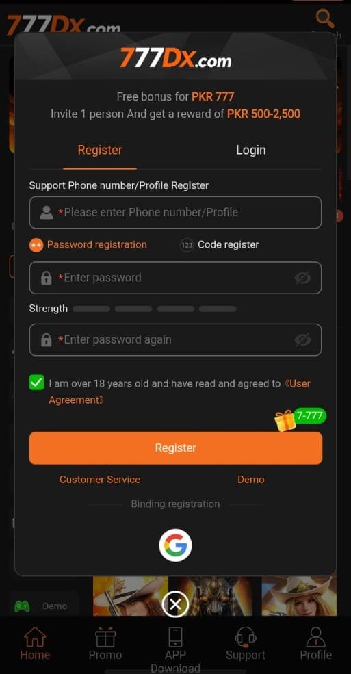 777Dx Game login screen for mobile users